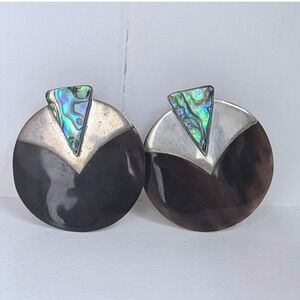 Vintage Modernist Abalone Inlay Sterling Silver horn round statement earrings‎